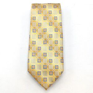Bruno Piattelli Silk Tie Yellow Gold Blue Floral Medallions Geometric Pattern